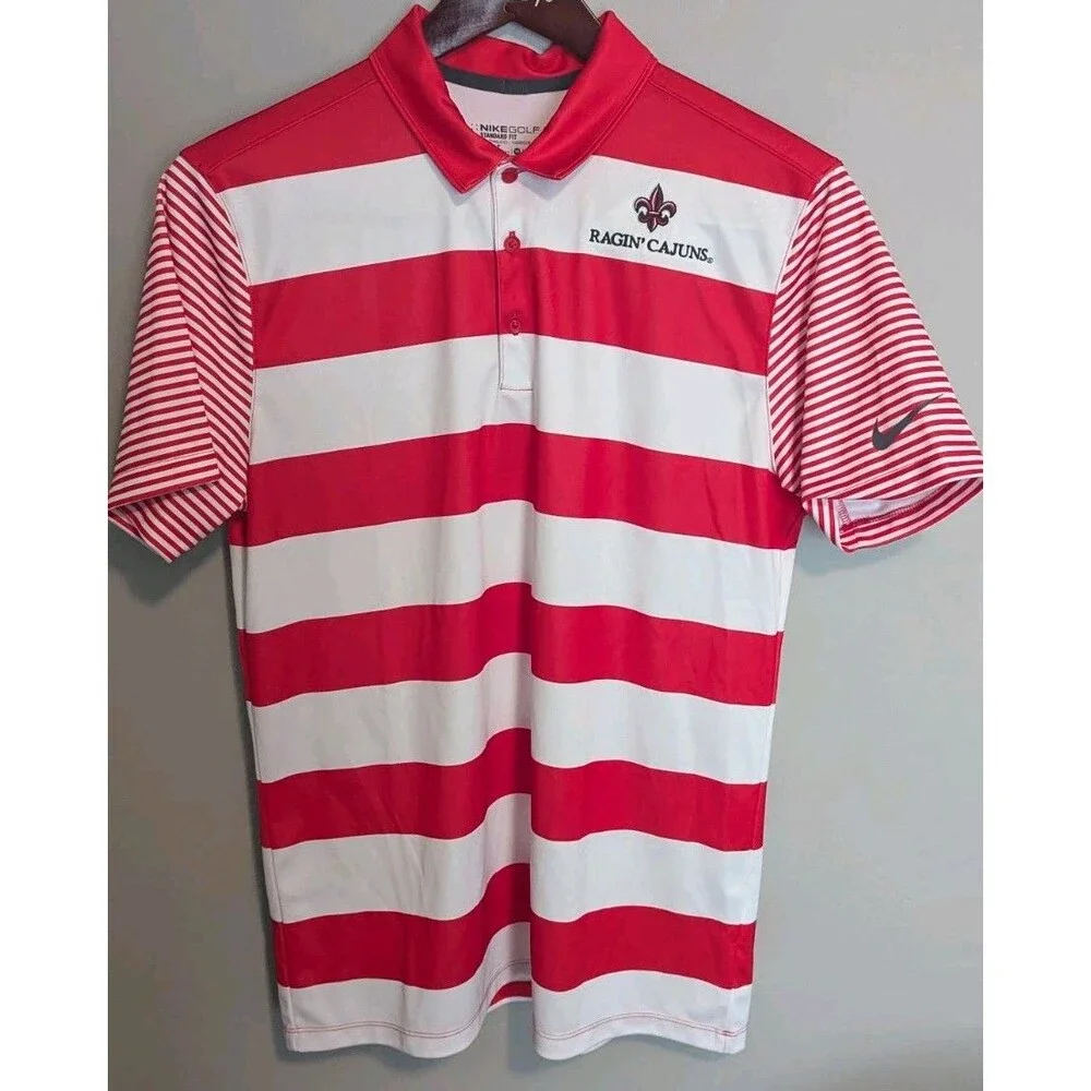 Louisiana-Lafayette Ragin' Cajuns Nike Mens S Striped Golf Polo Wht/Red Dri-Fit